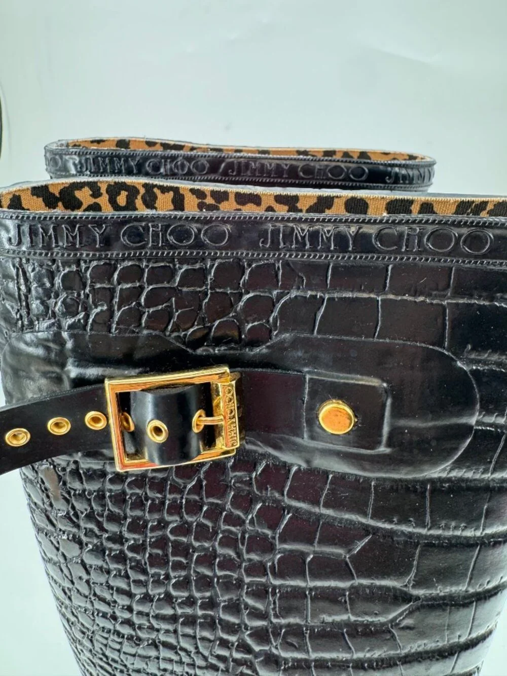 Jimmy Choo x Hunter Croc Embossed Tall Rain Boots Black Rubber Leopard Size  6
